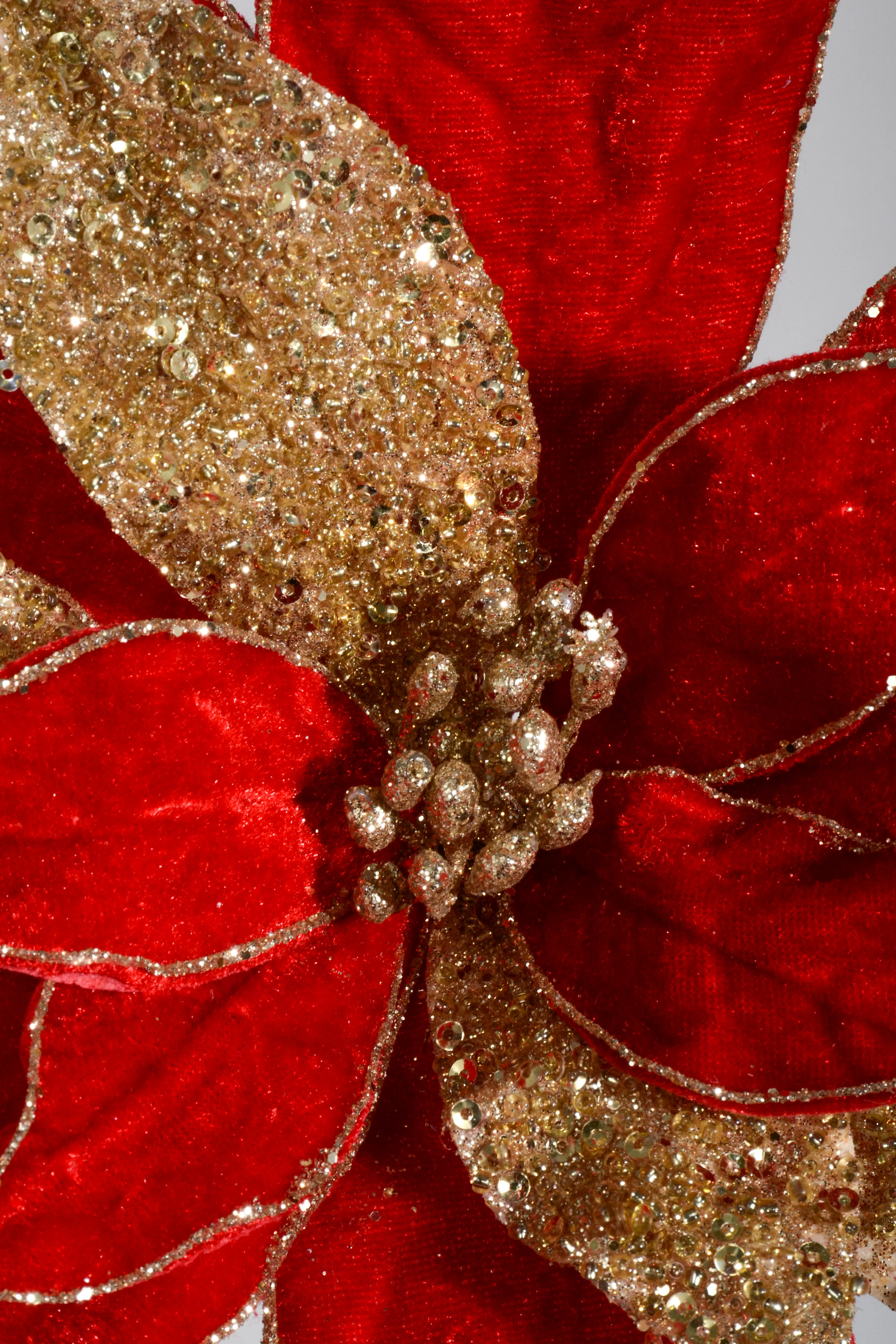 24" Regal Velvet with Glitter Poinsettia Stem Red/Gold - Image 2
