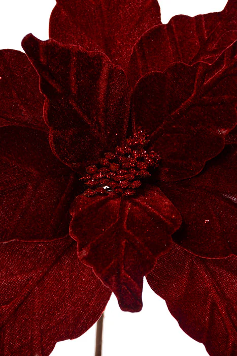24" Velvet Glitter Center Poinsettia Stem Burgundy - Image 2