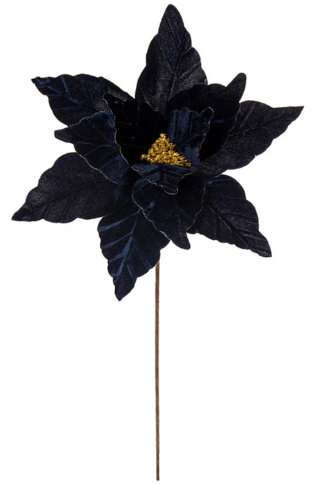 24" Velvet Glitter Center Poinsettia Stem Midnight Blue