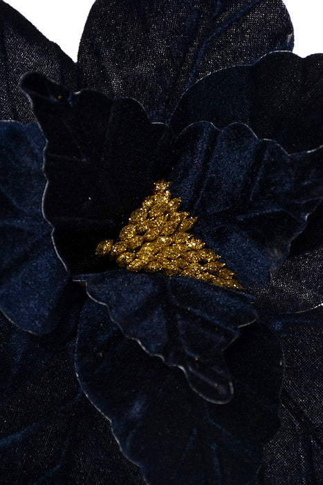 24" Velvet Glitter Center Poinsettia Stem Midnight Blue - Image 2