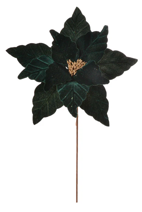 24" Velvet Glittered Center Poinsettia Stem Emerald
