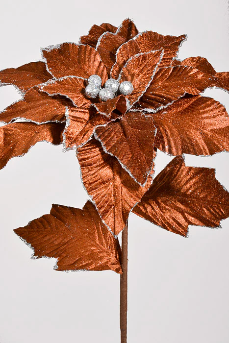 24" Velvet Poinsettia with Glitter Edge Stem Brown