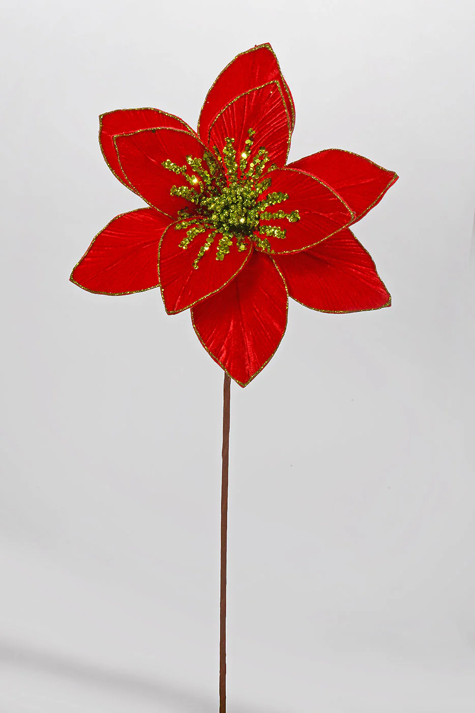 25'' Glitter Poinsettia Stem Red/Apple Green