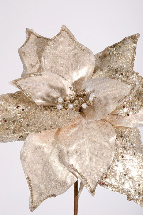 25" Iced Poinsettia Stem Champagne - Image 2