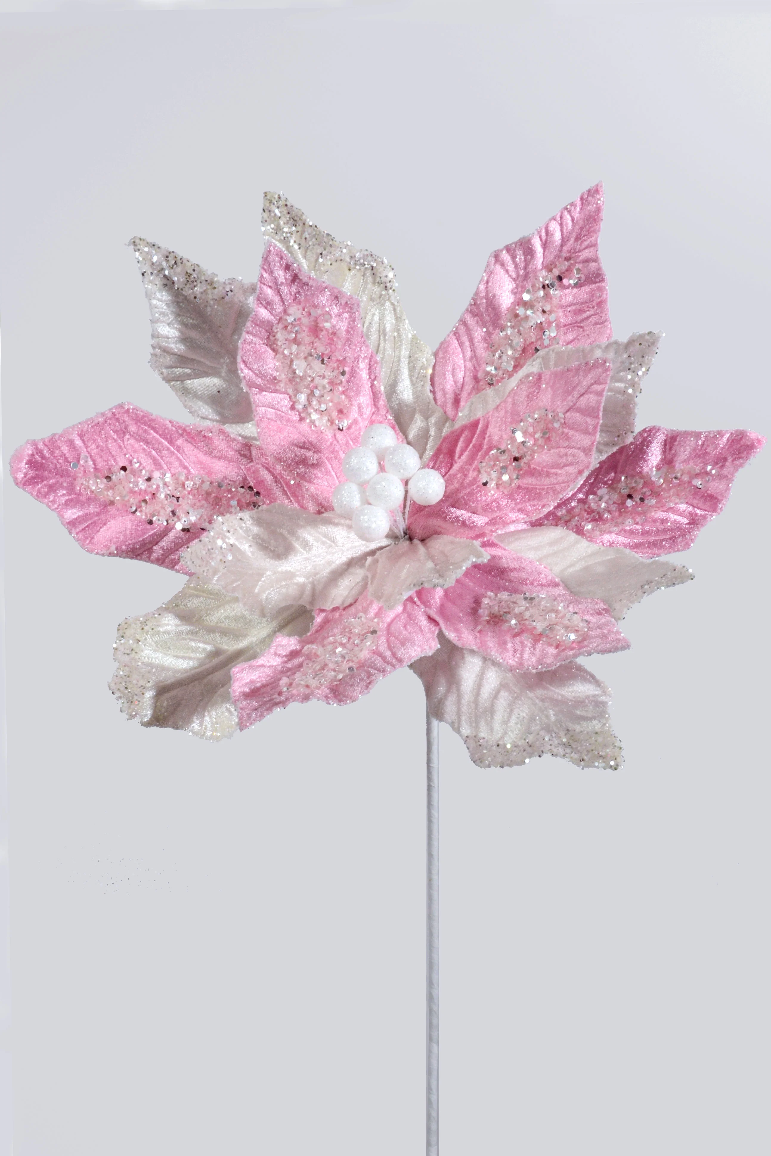25" Sugared Glitter Poinsettia Stem Pink/Cream