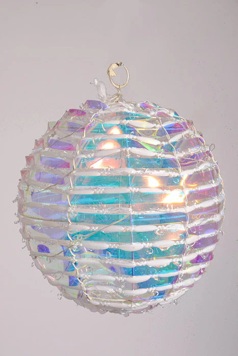250Mm Rainbow Ornament Ball W/Lights White/Iridescent