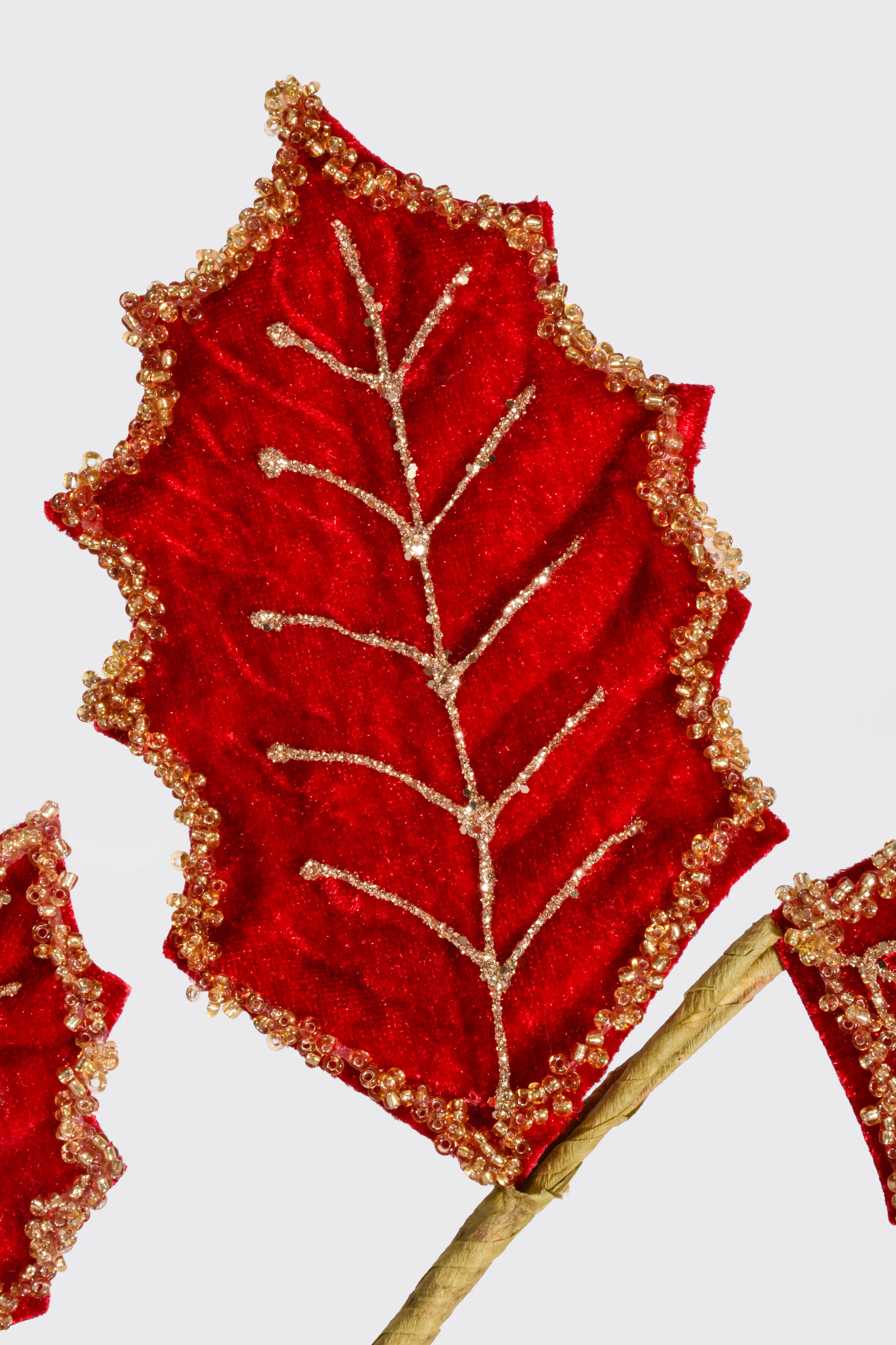 26.5" Beaded Velvet Leaf Spray Burgundy - Image 2