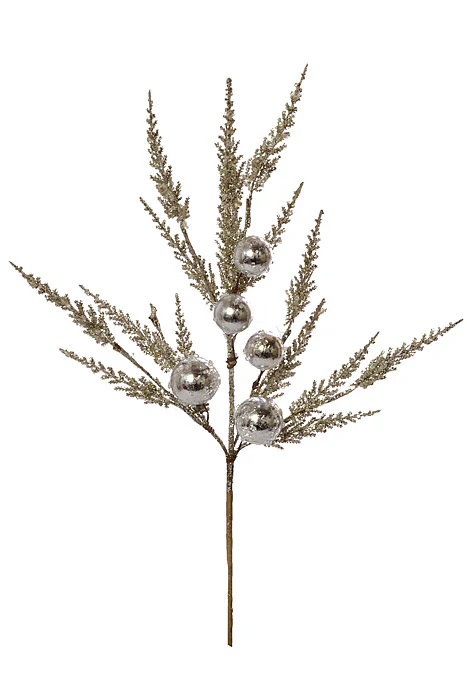 26" Glitter Feather Leaf Spray With Ball Platinum