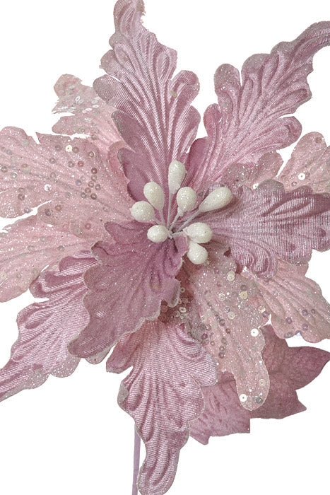 26" Glittered Velvet Poinsettia Stem Ice Purple - Image 2