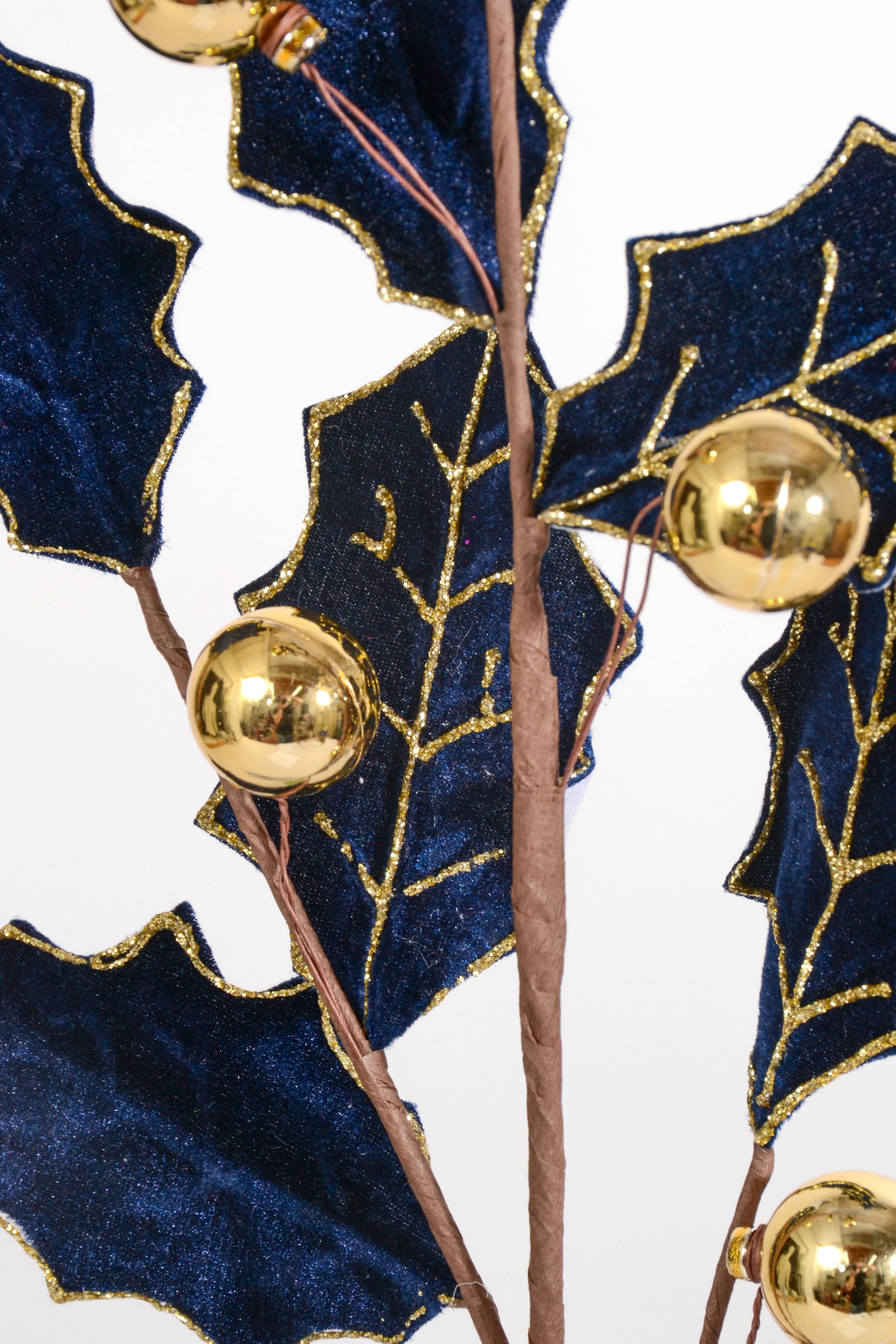 27" Velvet Holly Leaf Spray With Ball Midnight Blue - Image 2