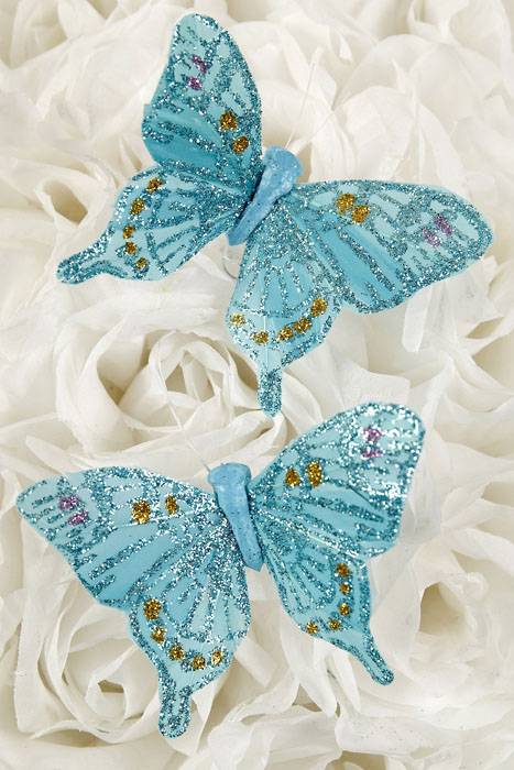 3" Glittter Butterfly Turquoise Pkg/12