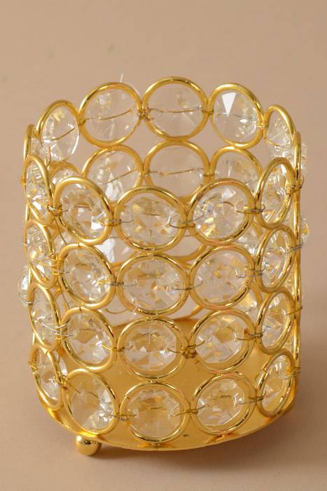 3" X 3.5" Crystal Bead Candle Holder Gold/clear