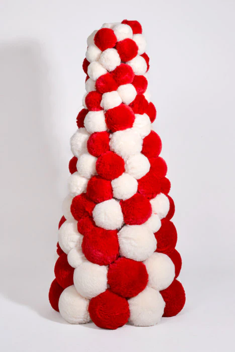 32" Fur Ball Cone Topiary Red/White