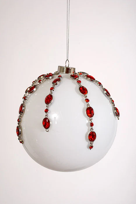 4.75" Glass Rhinestone Ball Ornament White/Red