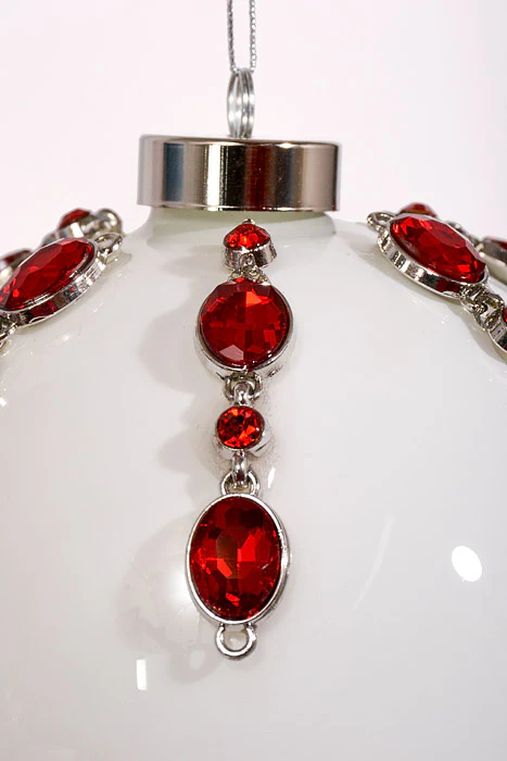 4.75" Glass Rhinestone Ball Ornament White/Red - Image 2