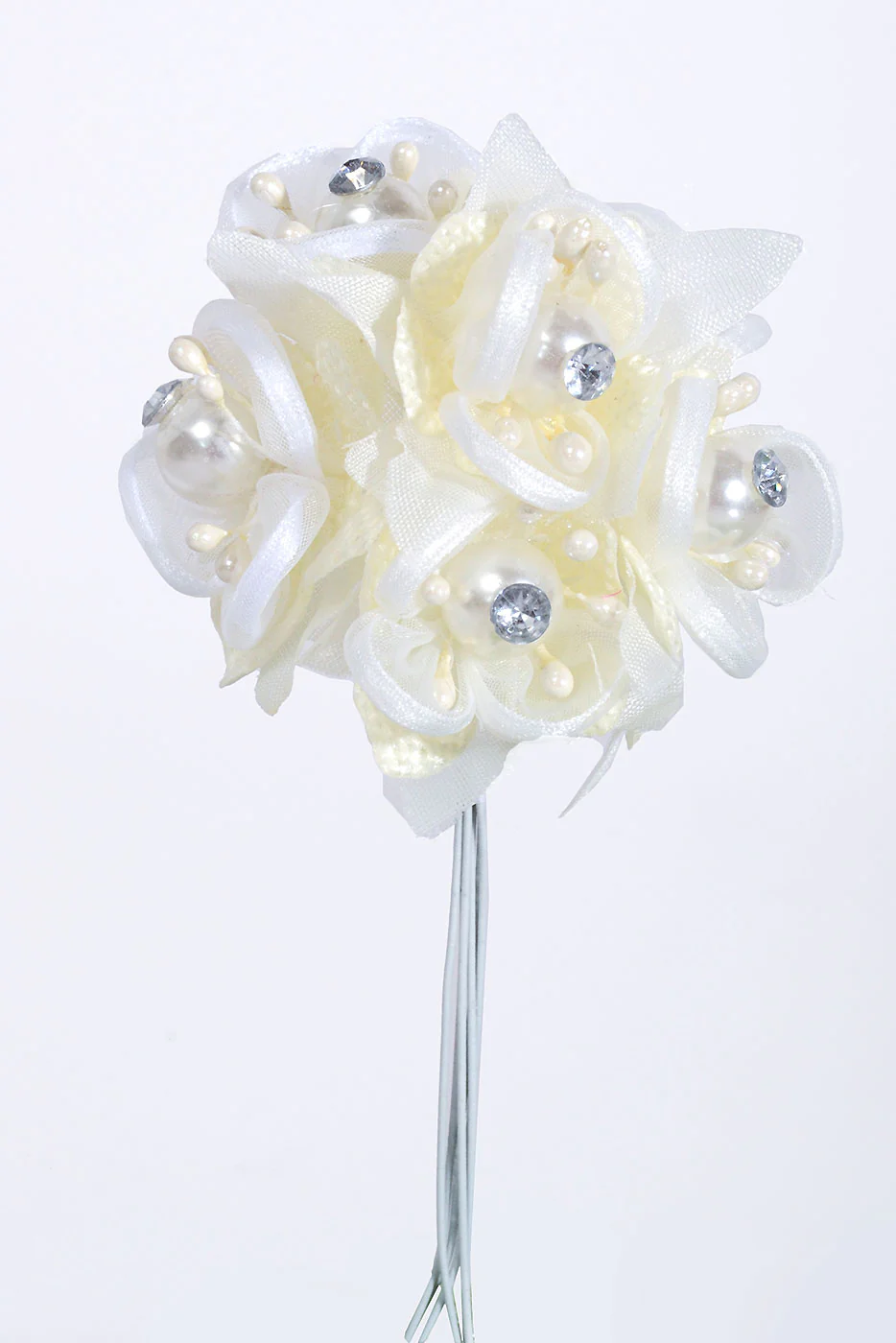 4" Organza Flower Pick W/Pearl & Rhinestone Ivory Pkg/12
