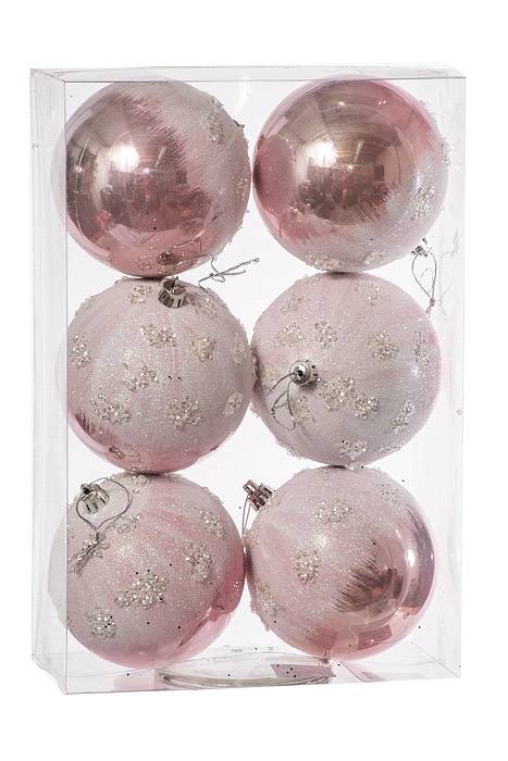 4" Plastic Ball Ornament W/snow Light Pink Pkg/6 - Image 2