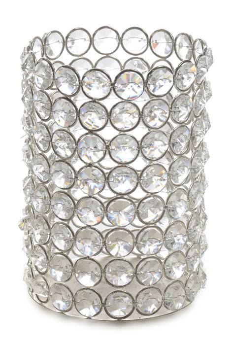 4" X 5.75" Crystal Bead Cylinder Candle Holder Silver