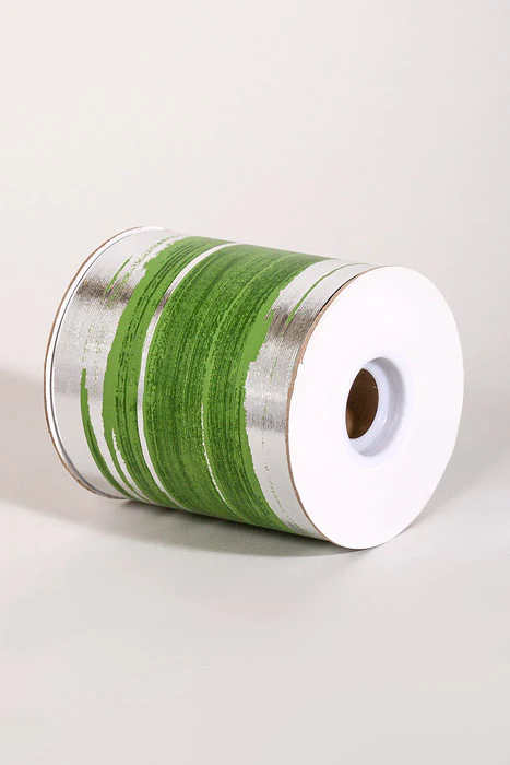 4" X 50Yds Leaf Aspidistra Ribbon Silver/Green - Image 2