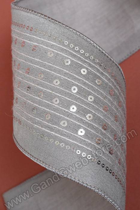 4" X 5yds Sequin & Thread Canvas Wired Ribbon Grey