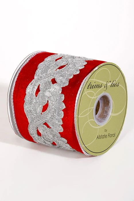 4" X 5Yds Wired Laser Cut Trim Velvet Ribbon Red/Silver - Image 2