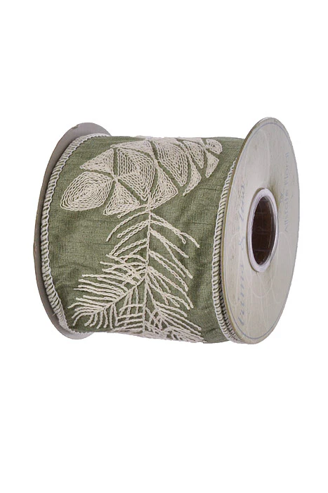 4" X 5Yds Wired Pine Cone Embroided Ribbon Green/White - Image 2