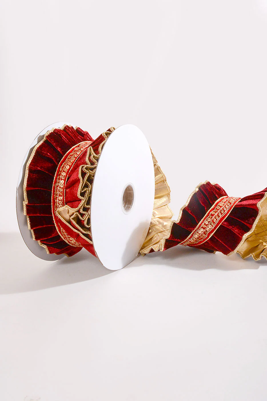 4" X 5Yds Wired Pleated Velvet With Trim Ribbon Burgundy/Gold - Image 2