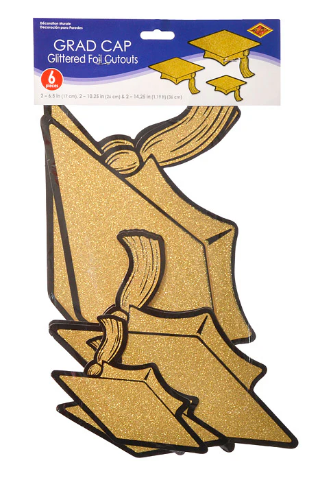 6.5"- 14.25" Glittered Foil Grad Cap Cutouts Black/Gold Set/6 - Image 3