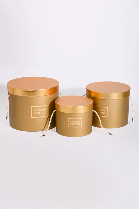 6.5"/8"/9" Round Gift Box W/Gold Lid Ribbon Gold Set/3