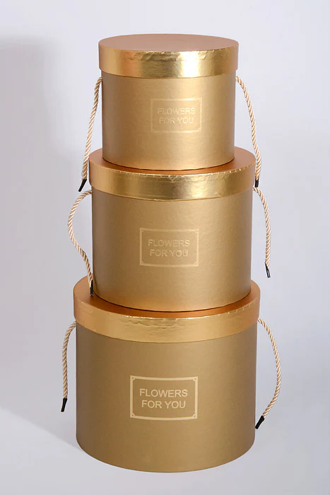 6.5"/8"/9" Round Gift Box W/Gold Lid Ribbon Gold Set/3 - Image 3