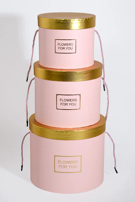 6.5"/8"/9" Round Gift Box W/Gold Lid Ribbon Pink Set/3 - Image 3