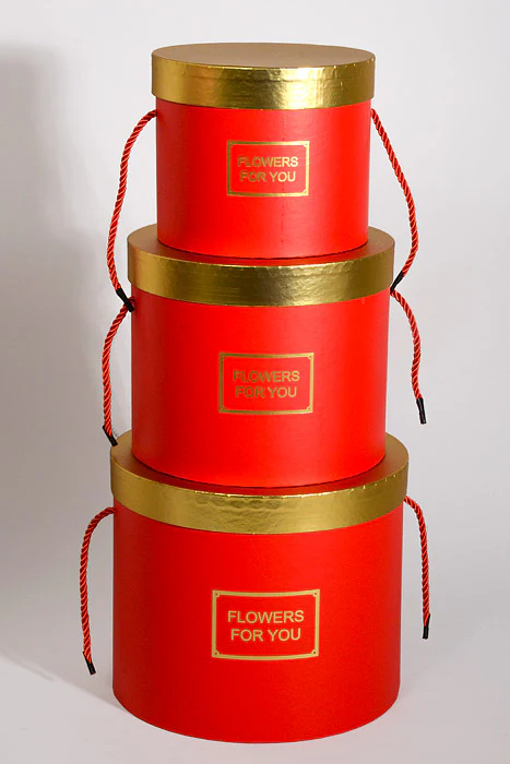 6.5"/8"/9" Round Gift Box W/Gold Lid Ribbon Red Set/3 - Image 3
