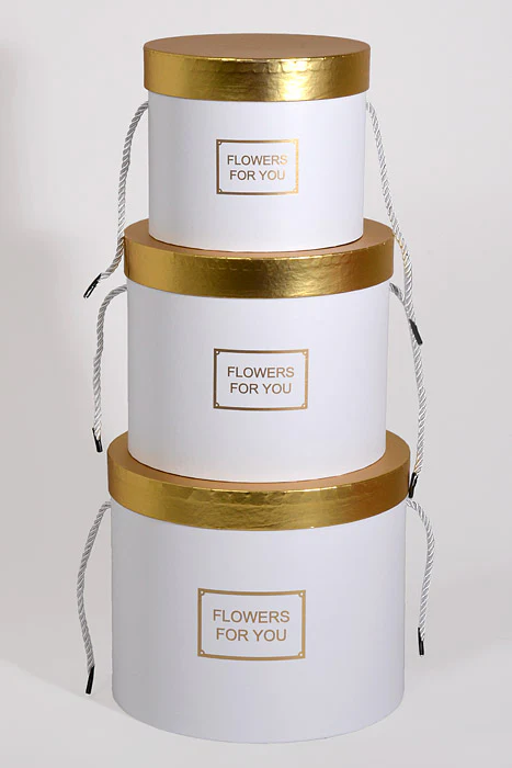 6.5"/8"/9" Round Gift Box W/Gold Lid Ribbon White Set/3 - Image 3