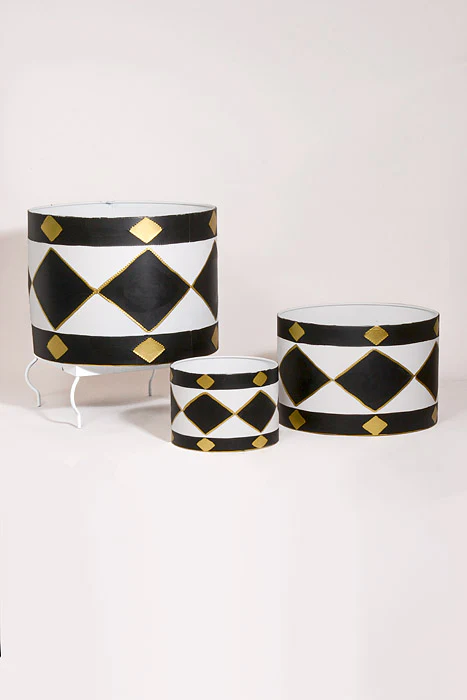 6.75"/9.5"/13" Metal Drum White/Black/Gold Set/3