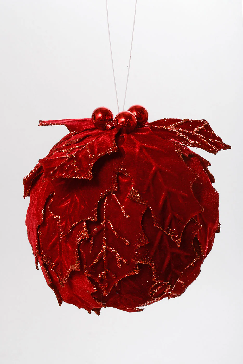 6" Velvet Holly Leaf Kissing Ball With Ball Ornament Red