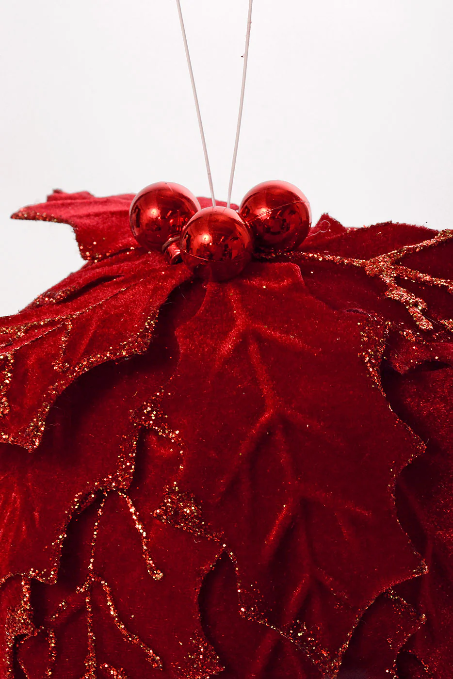 6" Velvet Holly Leaf Kissing Ball With Ball Ornament Red - Image 2
