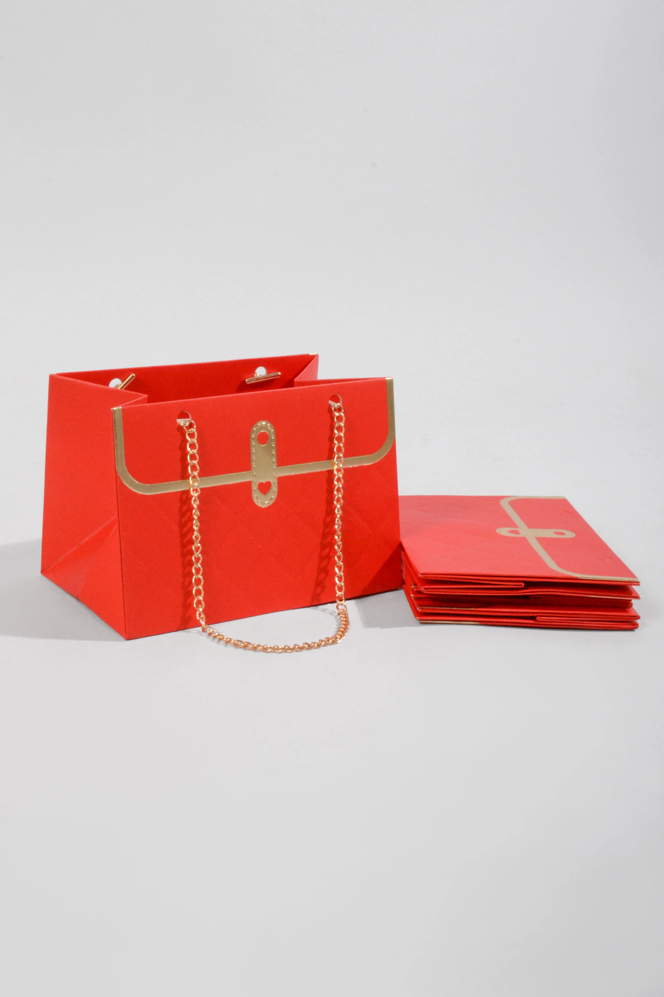 6"x 4"  Flower Paper Handbag W/Metal Chain Red Pkg 4 - Image 3