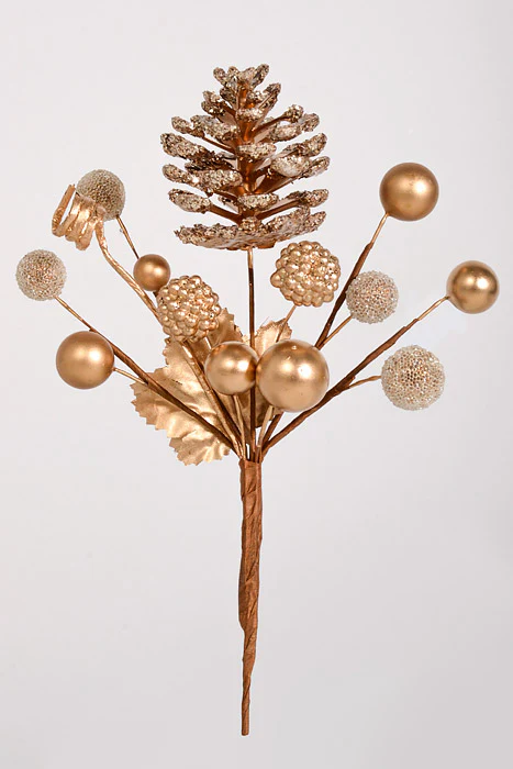 7.5" Glitter Pine Cone & Berry Pick Gold Pkg/6