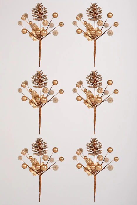 7.5" Glitter Pine Cone & Berry Pick Gold Pkg/6 - Image 2
