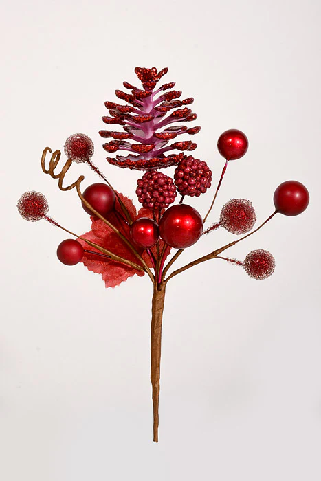 7.5" Glitter Pine Cone & Berry Pick Red Pkg/6