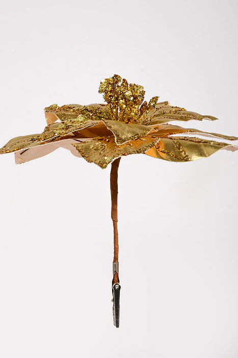 7" Glitter Poinsettia with Clip Gold - Image 3