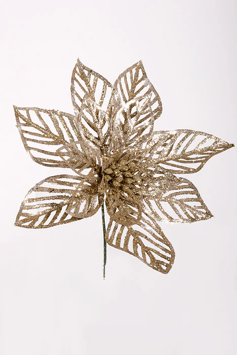8.5" Glitter Poinsettia Stem Champagne Pkg/12