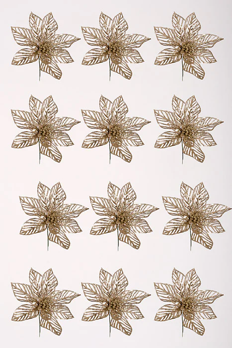 8.5" Glitter Poinsettia Stem Champagne Pkg/12 - Image 3