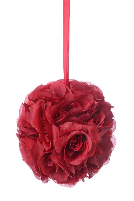 8" Rose Ball W/Ribbon Burgundy