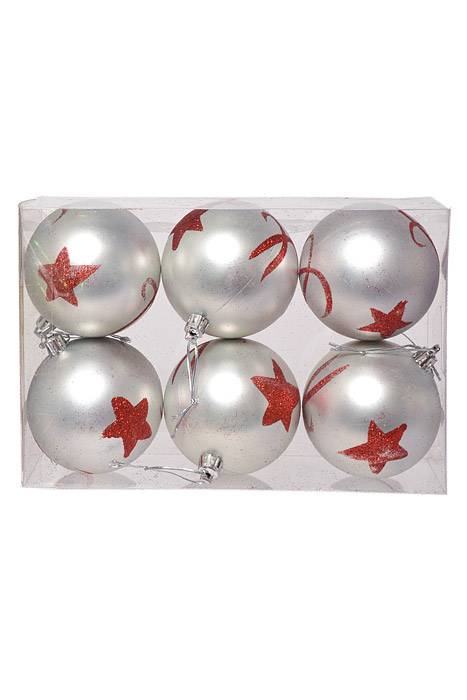 80mm Matt Plastic Ball W/red Glitter Star Silver/red Bx/6 - Image 3