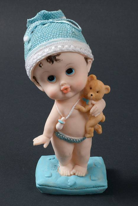 9.5" Ceramic Baby Boy W/ Teddy Bear Blue