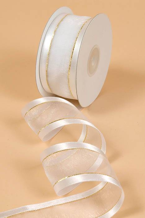 Sheer Satin W/gold Trim Ribbon - White #01