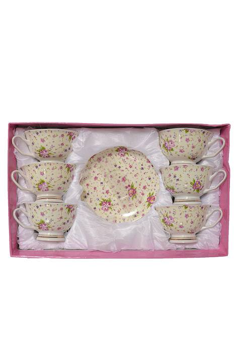 Tea Cup w/ Saucer Eggshell/Purple/Pink Set/6 - Image 3